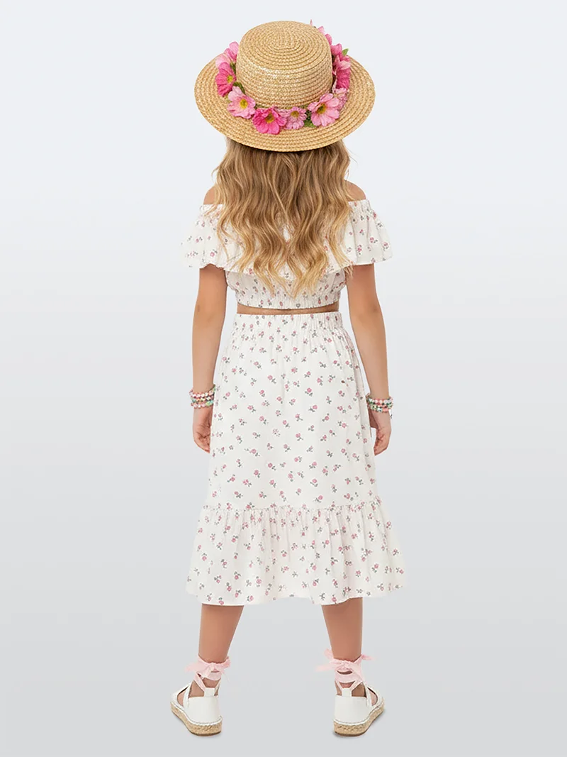 دينوكيدس طقم بناتي قطعتين بلوزة قصيرة وتنورة مزهرة